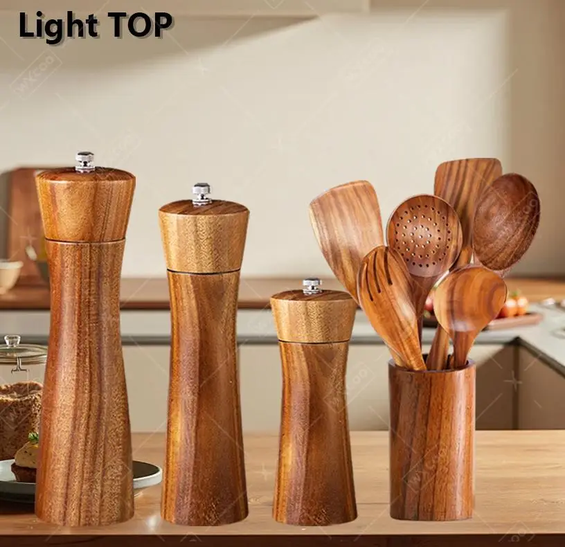 WXCOO Molinillo de sal y pimienta profesional de madera, coctelera, botella de molienda, juego de espátula, Rotor de cerámica ajustable, molinos de sal manuales