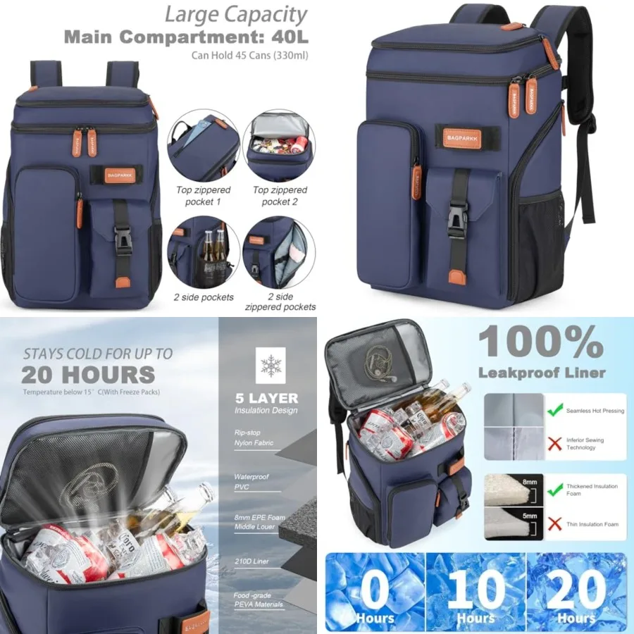 Insulated Cooler Backpack, 33/45 Cans Multifunctional Double Deck Leakproof Cooler Bag with Sternum Strap, Large Capacity Light