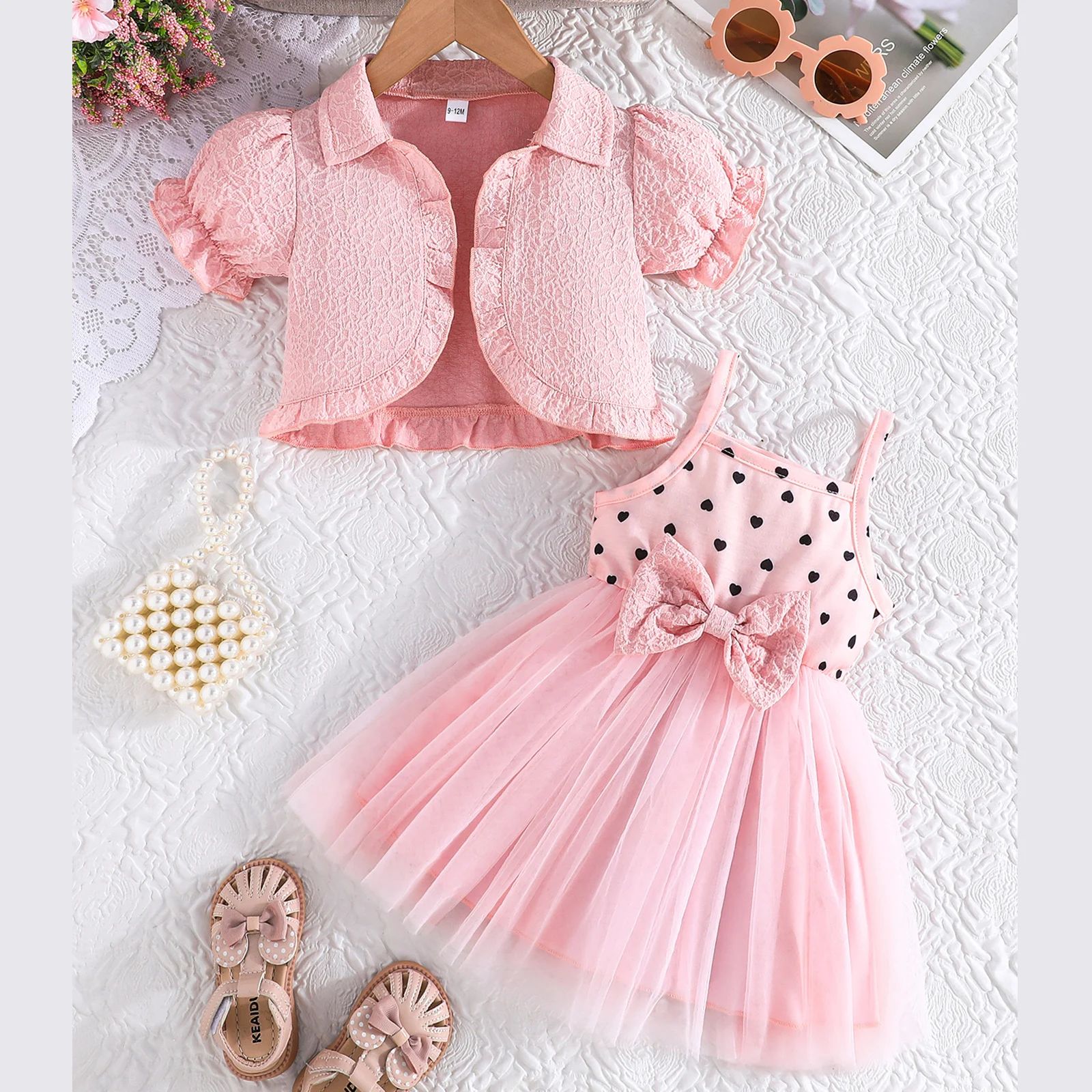 1-4Y Baby Girl 2Pcs Summer Outfits Sleeveless Tulle Lace Dress + Short Sleeve Jacket Set Girls Princess Party Dresses Clothes