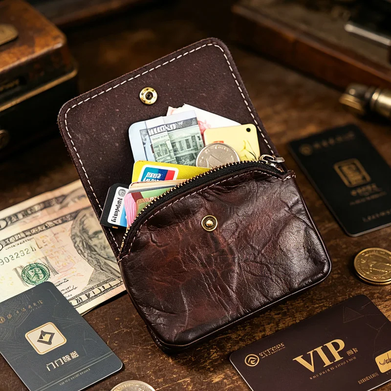 Genuine Leather Zipper Card Holder Walet Vintage Leather Bifold Wallet With Coin Pocket Cards Case Change Purse For Men & Women