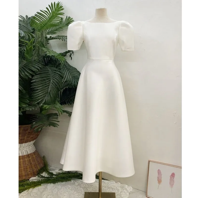 

Newest Satin Bridal Dresses With Puff Sleeve Simple Wedding Dress For Women Elegant A Line Vestido De Noche Custom Size