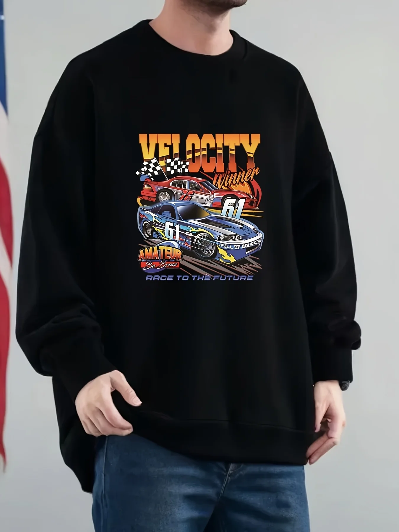 

Мужская толстовка с круглым вырезом с принтом VELOCITY Winner 61, AMATEUR Race to The Future, черно-белый флаг, с двойным автомобилем