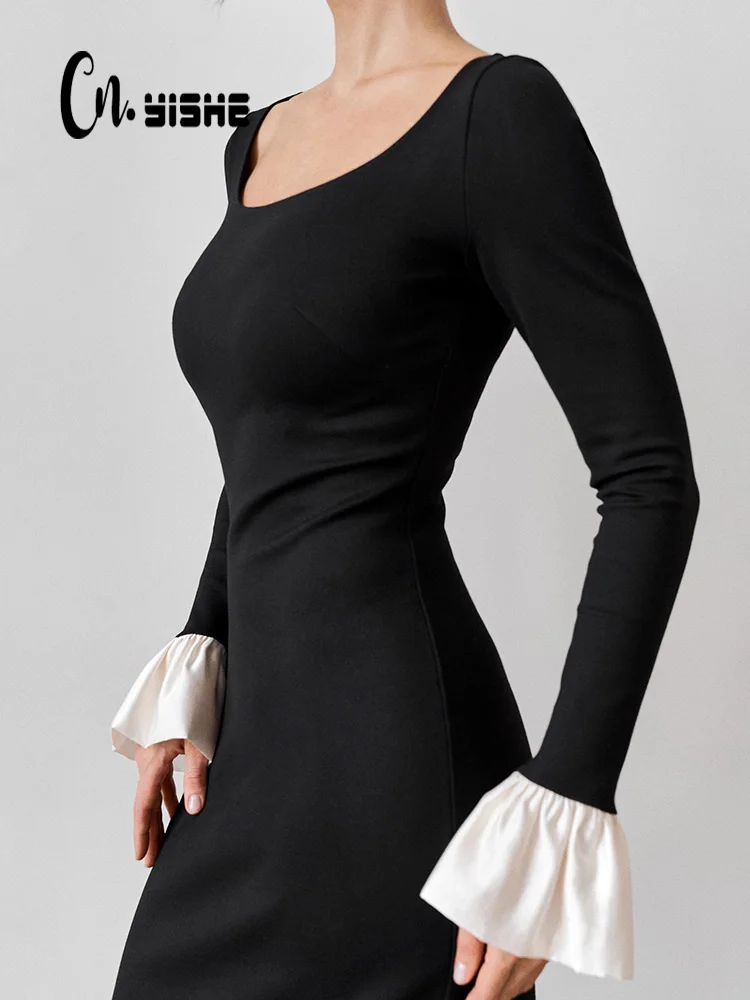 

CNYISHE Patchwork Square Collar Elegant Evening Party Outfits Women Dresses Autum Long Sleeve Hip Wrap Skinny Female Sexy Club