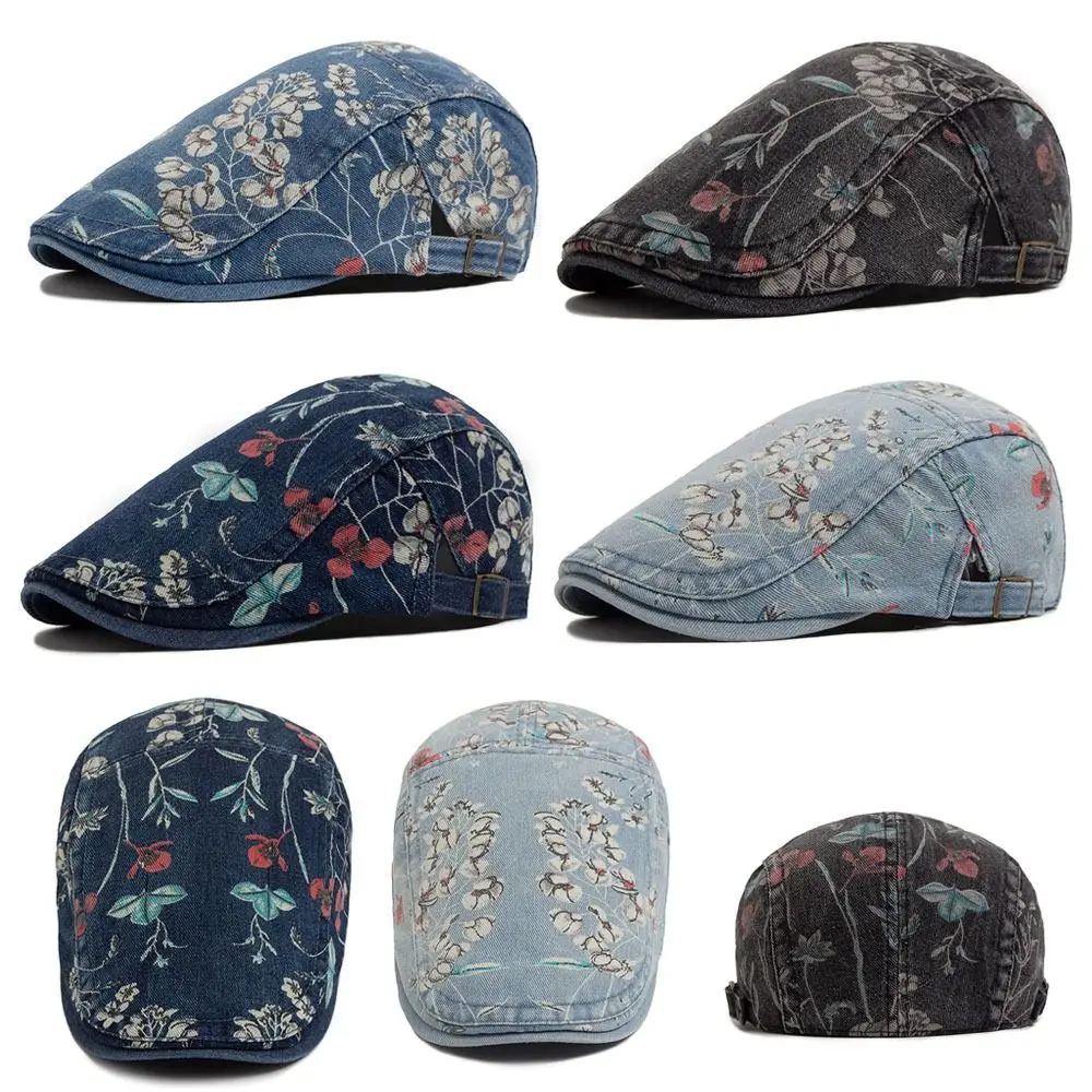 

Retro Flower Print Beret Hat Washed Denim Thin Artistic Hat Breathable Adjustable Baseball Cap Spring Autumn