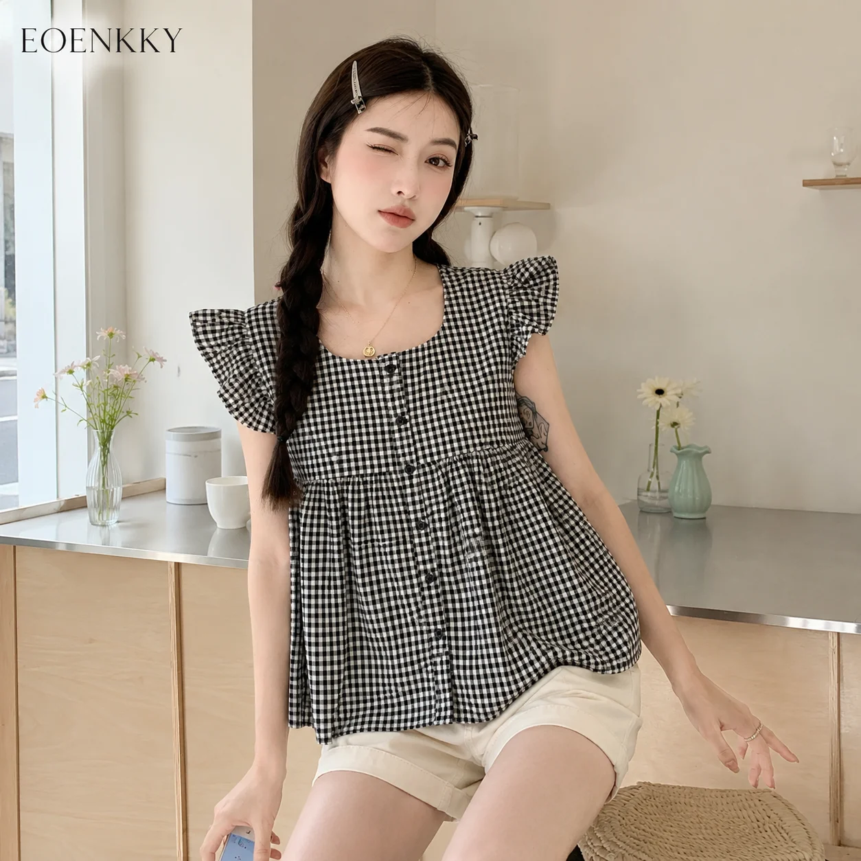 EOENKKY Women Gingham Blouse Square Neck Flutter Sleeve Button Front Peplum Top Summer Casual Shirt M-2XL