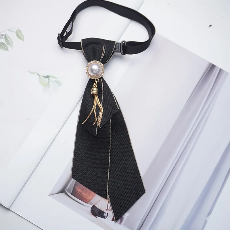 22*8CM Preppy Chic Women College Student Bow Tie Crystal Tassel Solid Navy Black Neckties School Uniform Bow Knot Daily Cravat