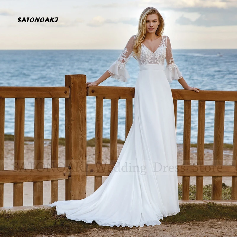 

Elegant Simple Boho Lace Chiffon Wedding Dress for Women Flare Sleeve Appliques A-Line Bride Gown Vestidos De Novia Custom Made
