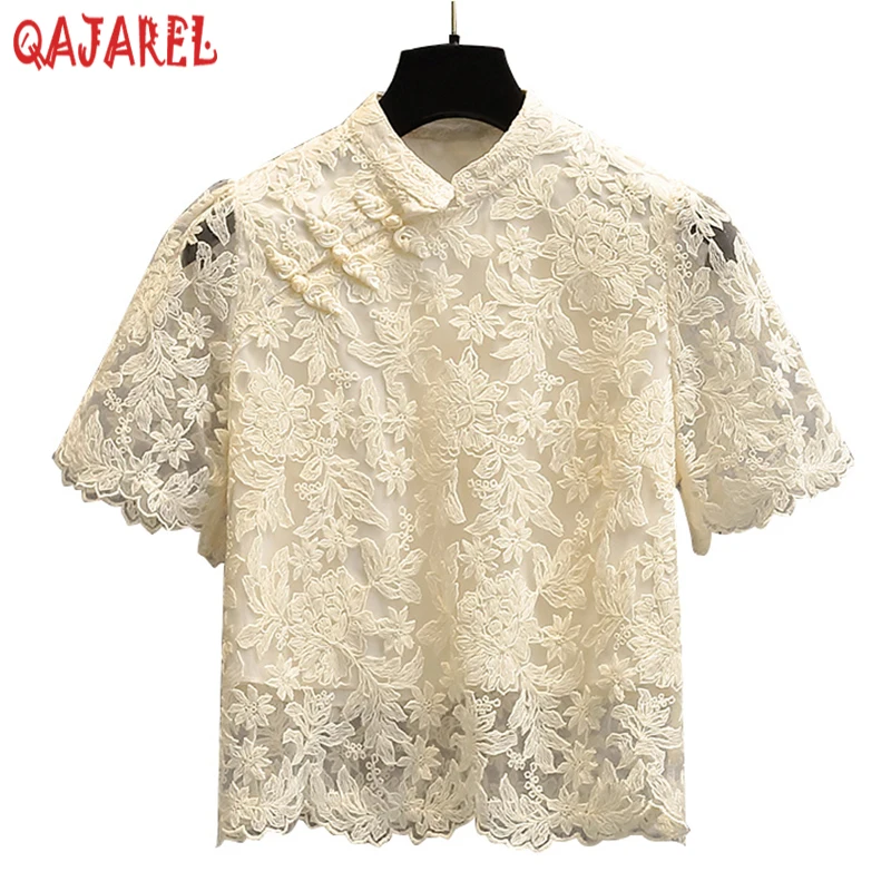 

2024 New White Lace Hook Flower Hollow Blouses Women Korean Fashion Light T-Shirt Summer Short Sleeve Elegant Bodycon Top Shirts