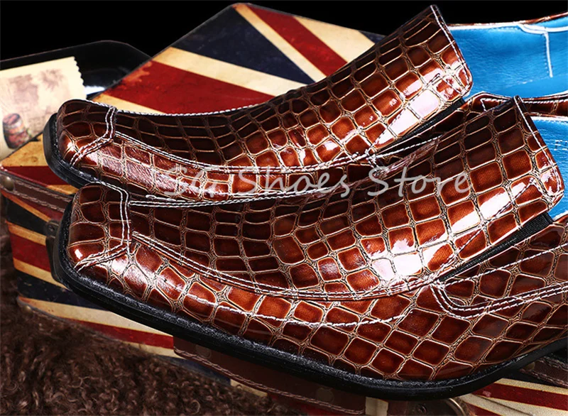 Gentleman Square Toe Chunky Heel Loafers Retro Snakeskin Splicing Shallow Sewing Derby Shoes Male Business Formal Dress Shoes