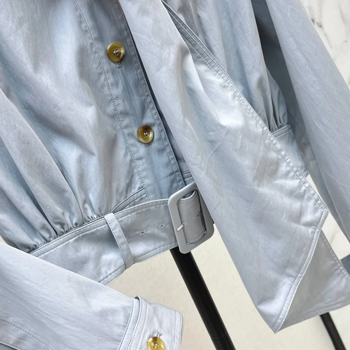 2026 high-quality women's light gray blue standing collar short waist windbreaker jacket--26818195