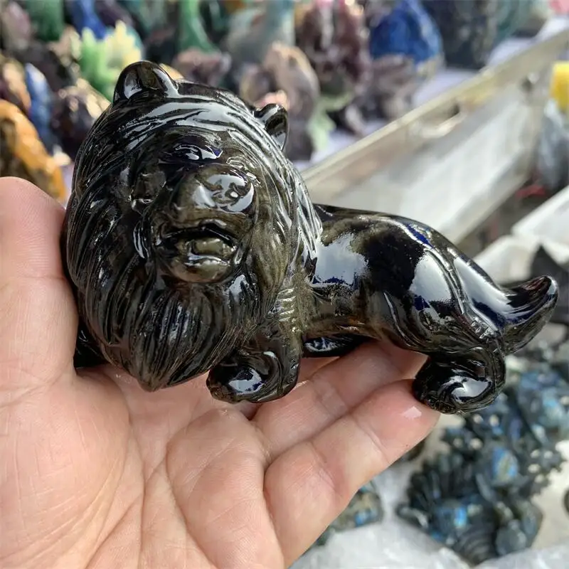 

Natural Silver Obsidian Lion Animal Carving Polished Crystal Healing Stone Home Decor Creative Christmas Gift 1PCS