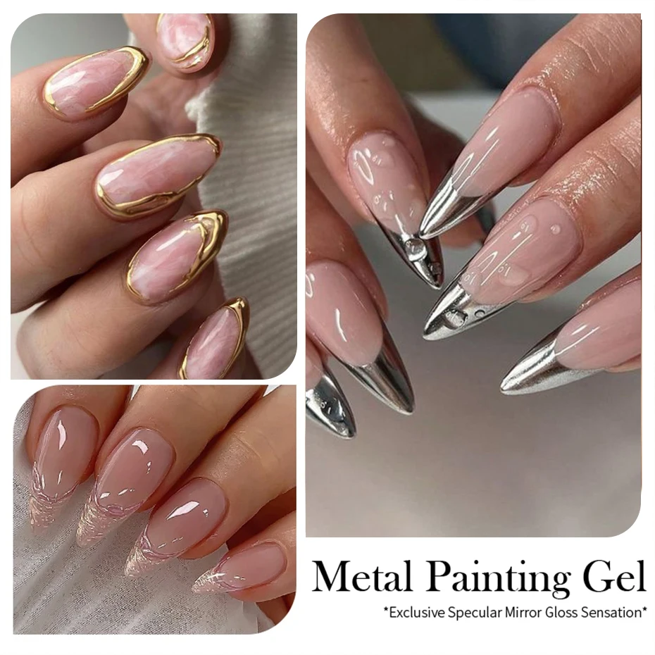 Gel Metálico de Pintura, Efecto Espejo en Oro, Plata y Rosa, Súper Brillante para Líneas y Arte Francés 4