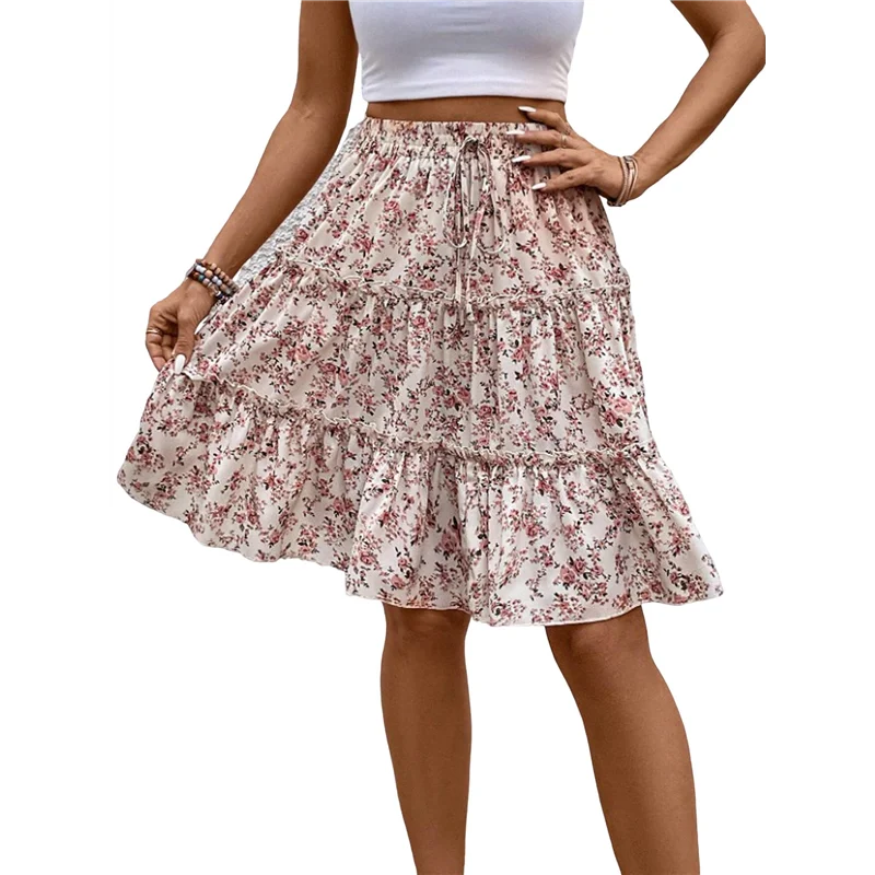 

NEW-Women's Floral Print Ruffle Hem Elastic High Waist Tie Front Skirt