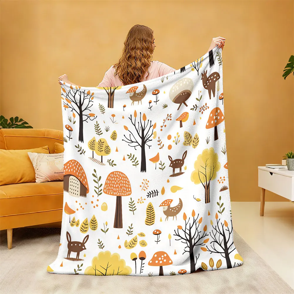1pc autumn forest deer and mushroom cartoon print flannel blanket lounging on the sofa or taking a nap during breaks
