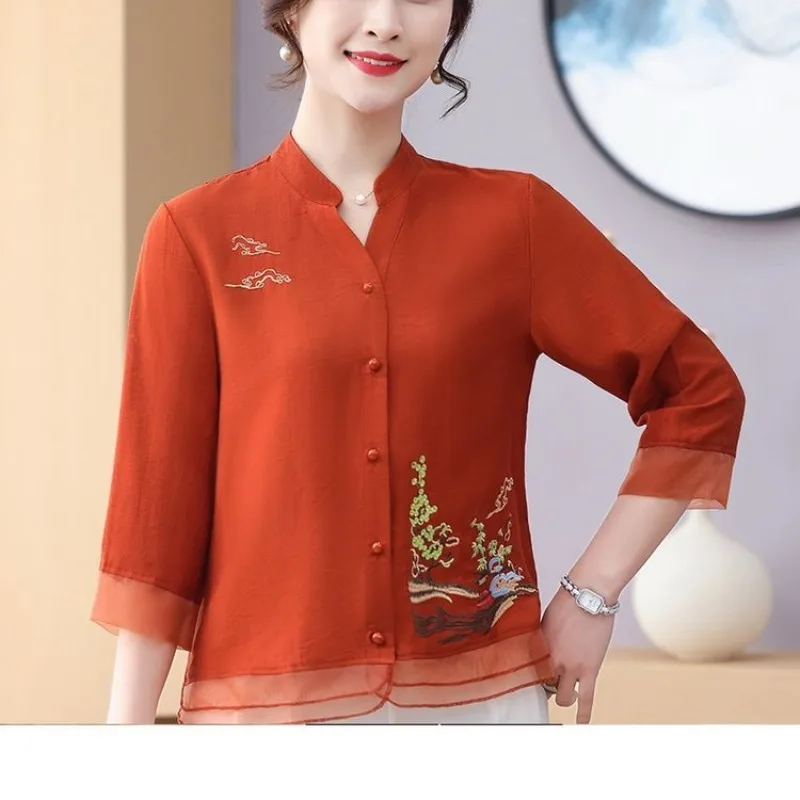 女性用Vネックフラワー刺繍セーター、シフォンTシャツ、ボタンカーディガン、ハーフスリーブ、カジュアルファッション、エレガントなトップス、春、夏