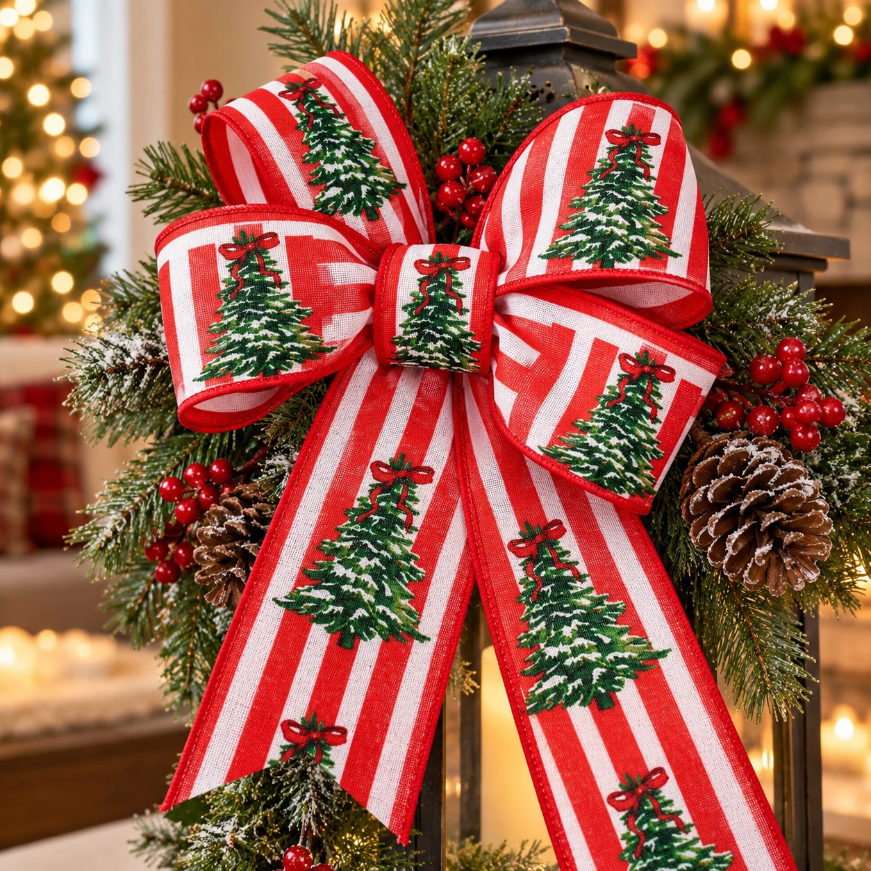 2.5 Inch 5/10 Yards Christmas Wired Ribbon Red White Striped Tree Print Ribbon for Xmas Wreath Bows Gift Wrapping DIY Decor