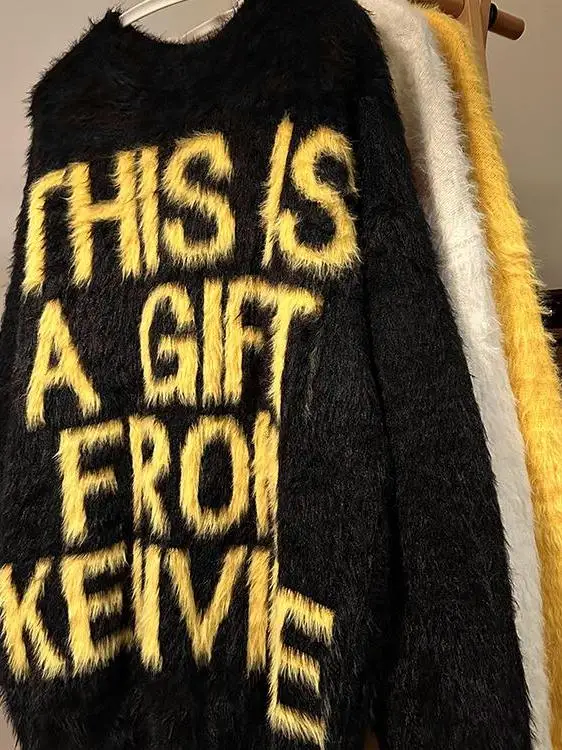 

American Sle round Ne Letter Print Sweater Men's Casual Loose Vintage Lazy Faion Knitted irt for Autumn Winter