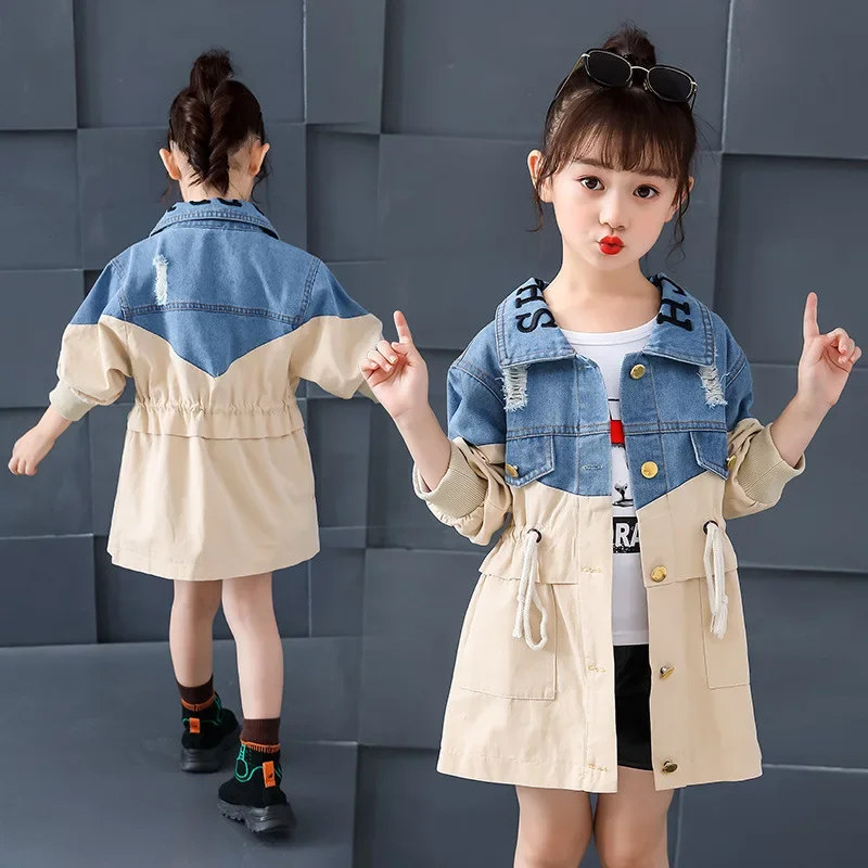 Girls Jacket Sale splice Jean jacket Teens Outerwear Kids Clothes Baby Girl Denim Coats qualities girls clothes Long sectioncoa