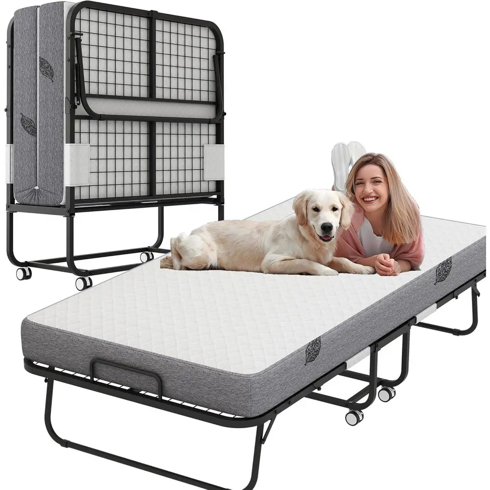 XL Twin Size Portable Folding Bed with 5 Memory Foam Mattress and Lockable Wheels