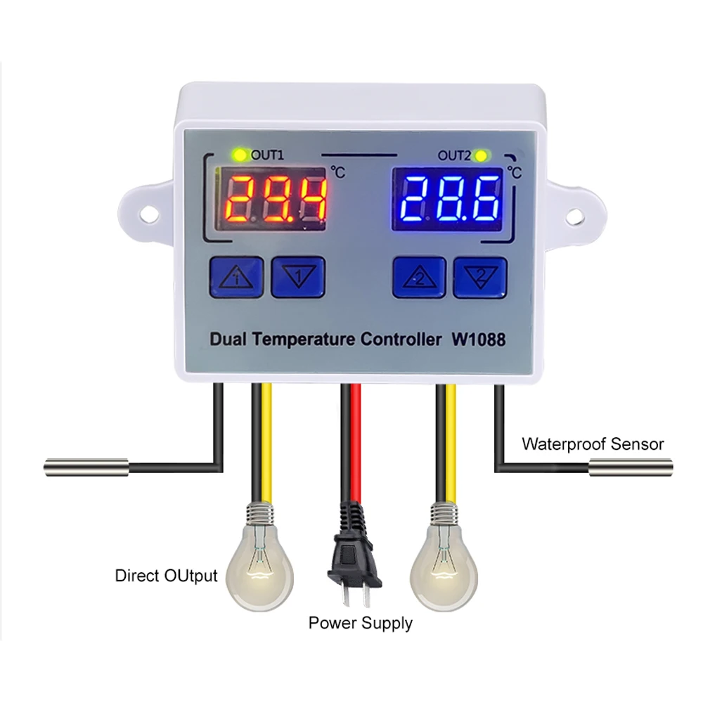 W1088 Dual LED Digital Temperature Sensor Meter Controller Electric Heating Thermostat 220V Aquarium Incubator Thermoregulator