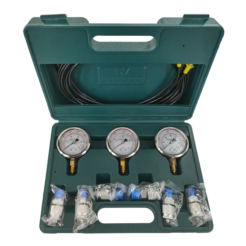 

Hydraulic Pressure Gauge Test Kit for Excavator, 3 Gauges (25/40/60MPa) with 6 Couplings & 3 Hoses, Portable Case Included