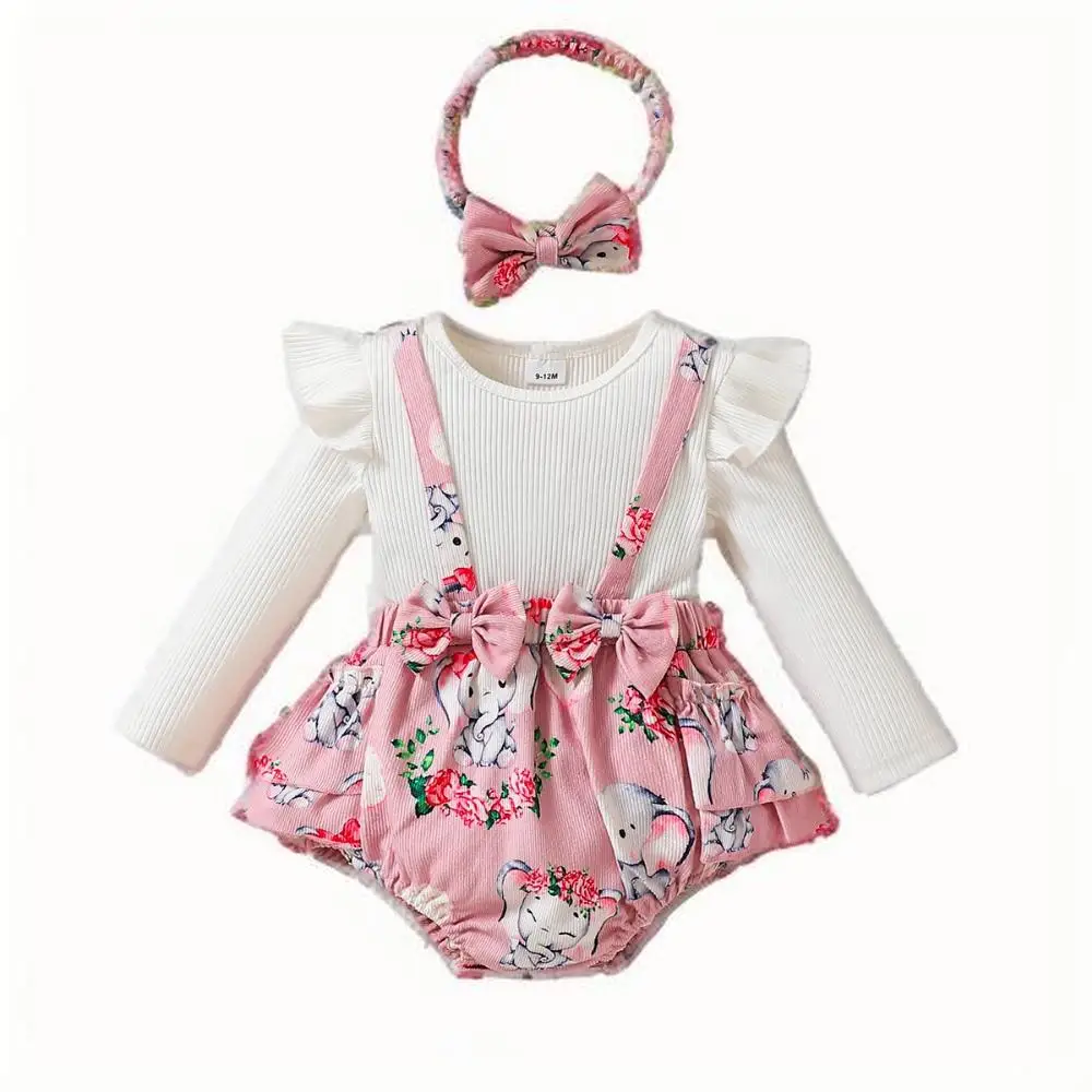 

New stylish baby girl white long-sleeved elephant flower waist bow jumpsuit + free hair accessories