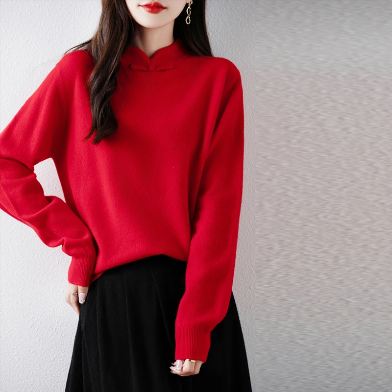 High Necked Woolen Sweater.    Suitable For Ladies With Elegant Temperament, Solid Color Pullover, Versatile Stand Up Collar Top