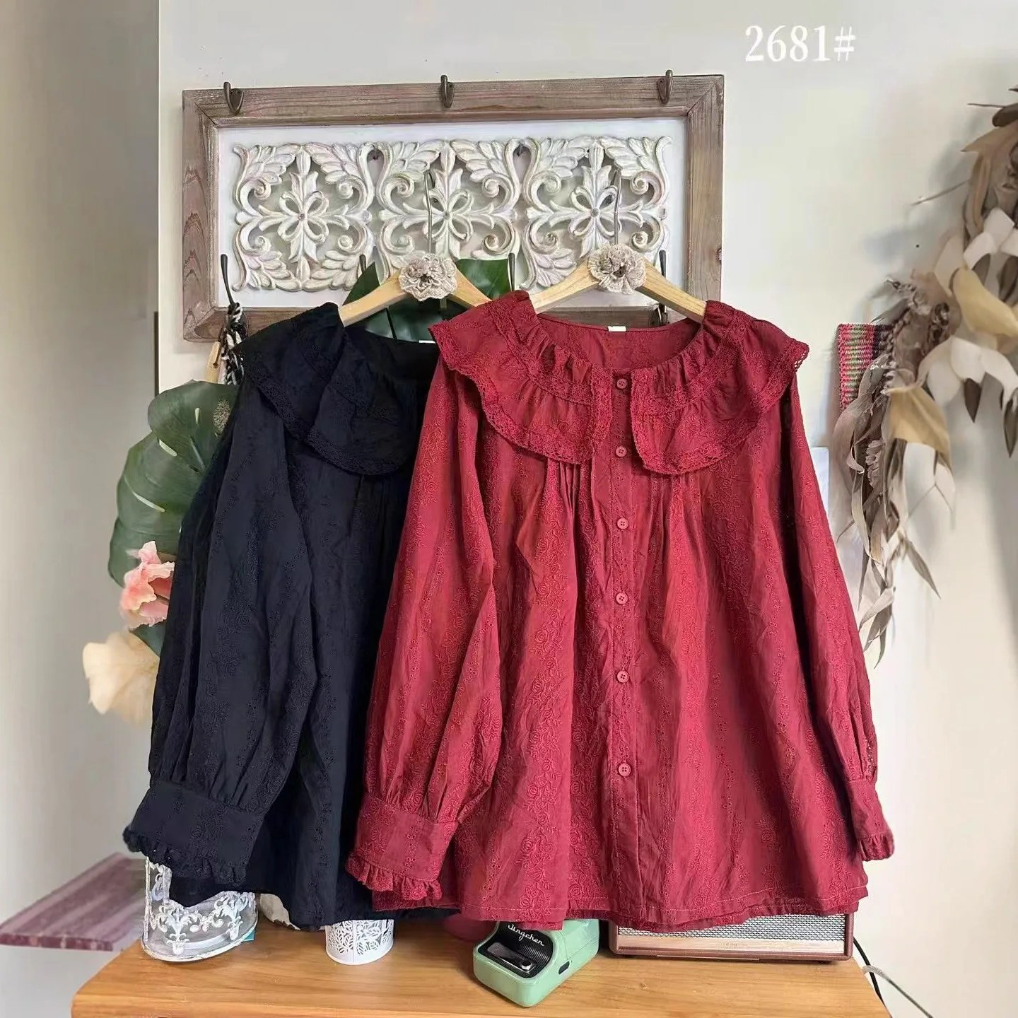 

Women Mori Kei Clothing Solid Color Embroidery Cotton Doll Shirts Spring Autumn Peter Pan Collar Long Sleeve Casual Loose Blouse