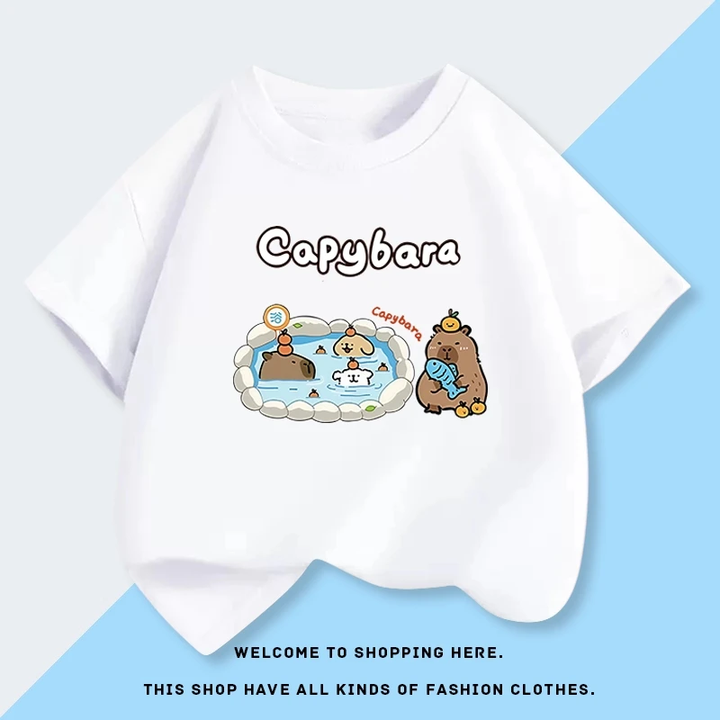 

Capibala Cartoon Printed Pure Cotton Short Sleeved T-shirt Summer New Item for Boys and Girls Round Neck Parent-child Outfit