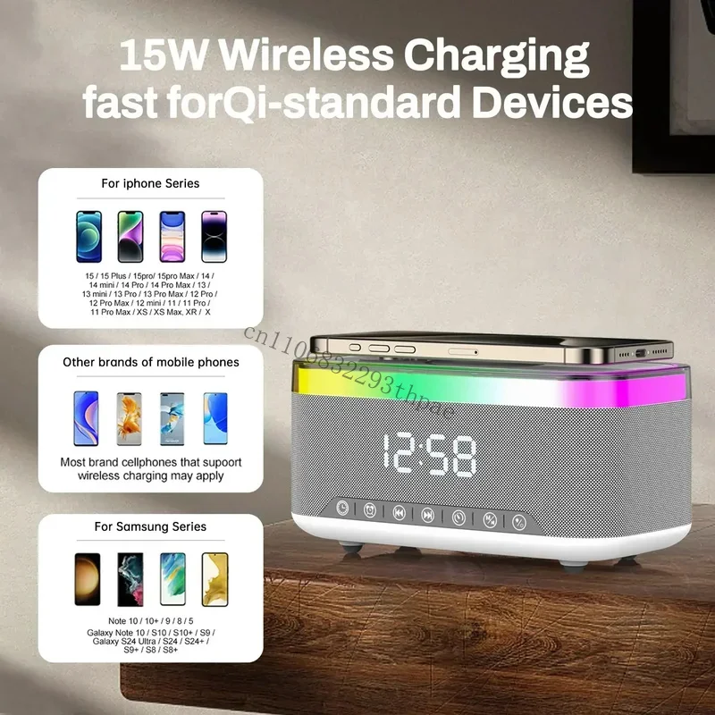New Smart 6-in-1 Bluetooth Speaker 60W Wireless Charger Bedhead Night Light Alarm Clock LED Clock with FM Radio Music Cente