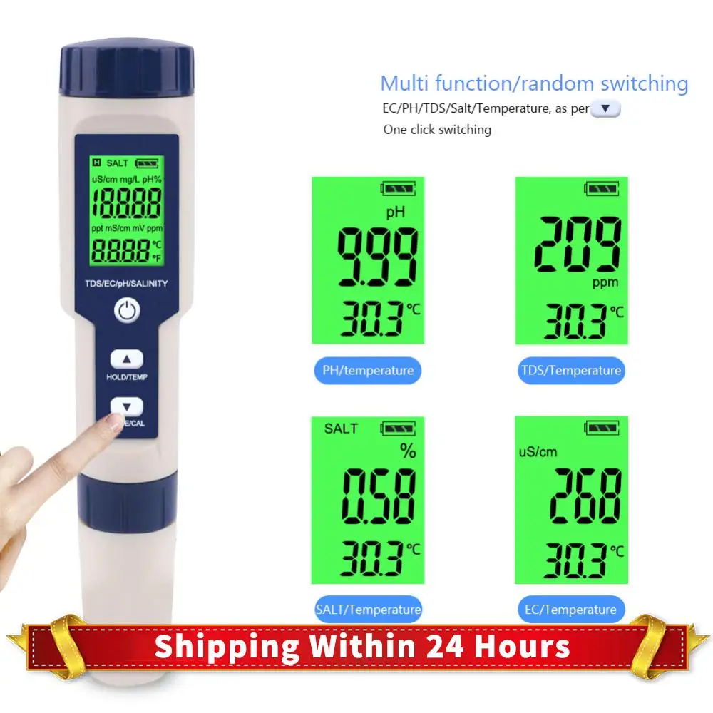 

5 in 1 Water Tester Monitor PH TDS EC Salinity Temp Meter Portable Pen Water Quality Detector for Pools Drinking Water Aquariums