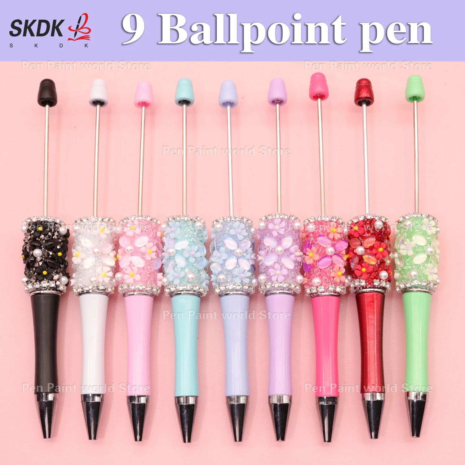 

9Pcs Pearl & Petal DIY Bead Ballpoint Pen – Rhinestone Bead Pen for Back‑to‑School, Journals & Office Use