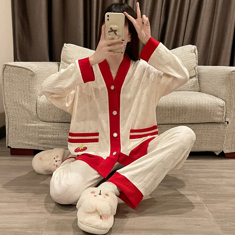 여성 만화 면화 잠옷 봄 여름 신사 숙녀 느슨한 캐주얼 Nightwear 여성 긴 소매 Homewear 잠옷