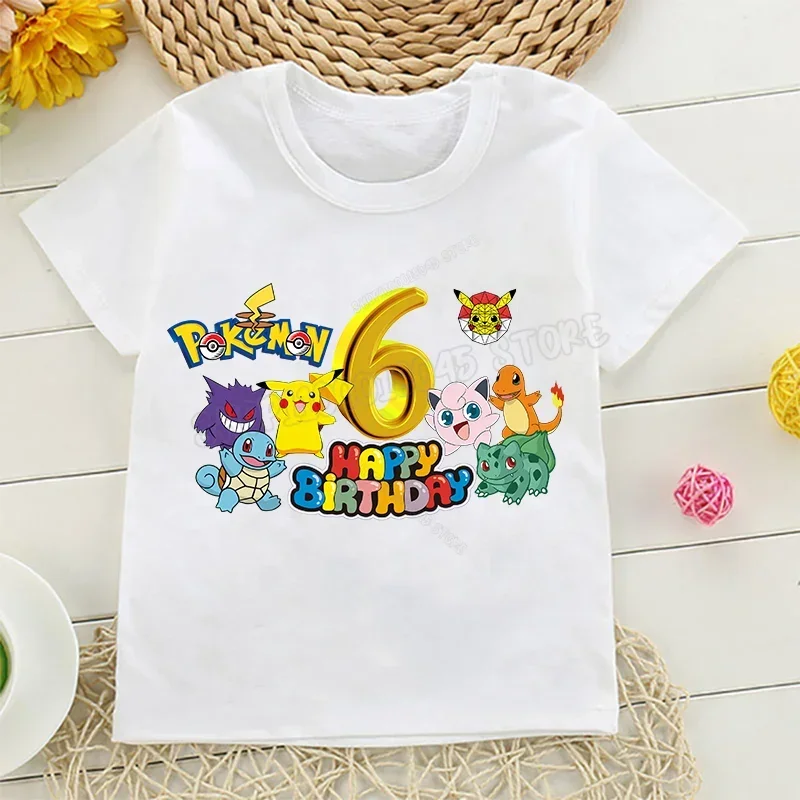 ピカチュウ漫画プリントTシャツ子供用、綿Tシャツ幼児用、ポケモンTシャツ男の子と女の子用、誕生日服、赤ちゃん用ナンバートップ、夏