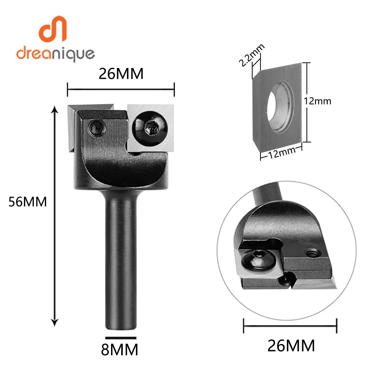 Dreanique 2Flute Wood Planer Bit 26mm Cutting Diameter 8mm Shank CNC Spoilboard Surfacing Tambour Router Bit Insert Carbide Slab