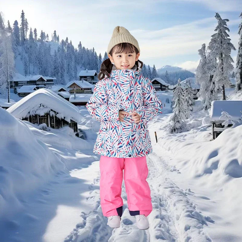 2025 New Baby Winter Print Windproof Waterproof Skiing Suit Breathable Girl Boys Outdoor Sets Polyester Sport Children Snow Sets