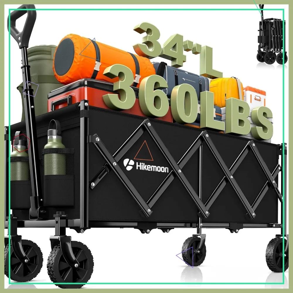 

34'' Extra Long Collapsible Wagon Cart, 360LBS Heavy Duty Folding Beach Wagon with Wheels for Outdoor Use
