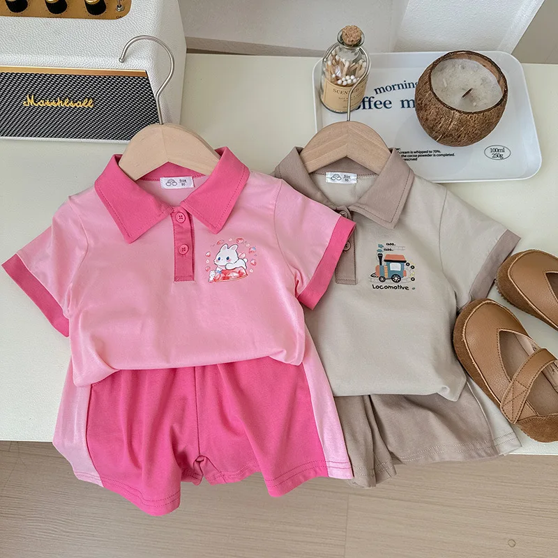 

Girls' leisure suit 2024 summer new children's polo two short-sleeved shirts baby shorts two-piece set