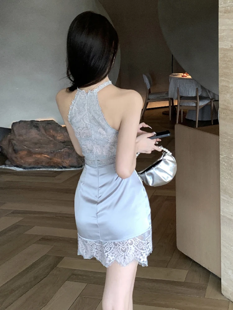 숙녀 디자인 감각 레이스 오프 숄더 드레스 2025 새로운 프랑스어 섹시한 스타일 하이 웨이스트 슬림 불규칙한 목 조끼 드레스