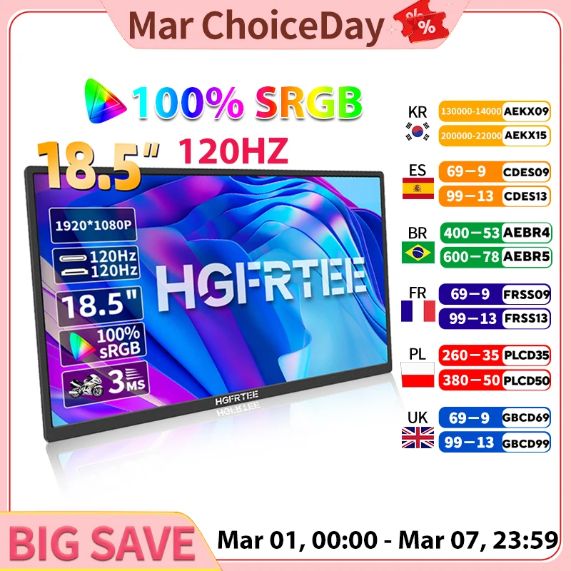 HGFRTEE 18.5inch Portable Monitor 120Hz RGB100% With VESA Hole & Back bracket Laptop Extended Display ADS-IPS HDR Screen