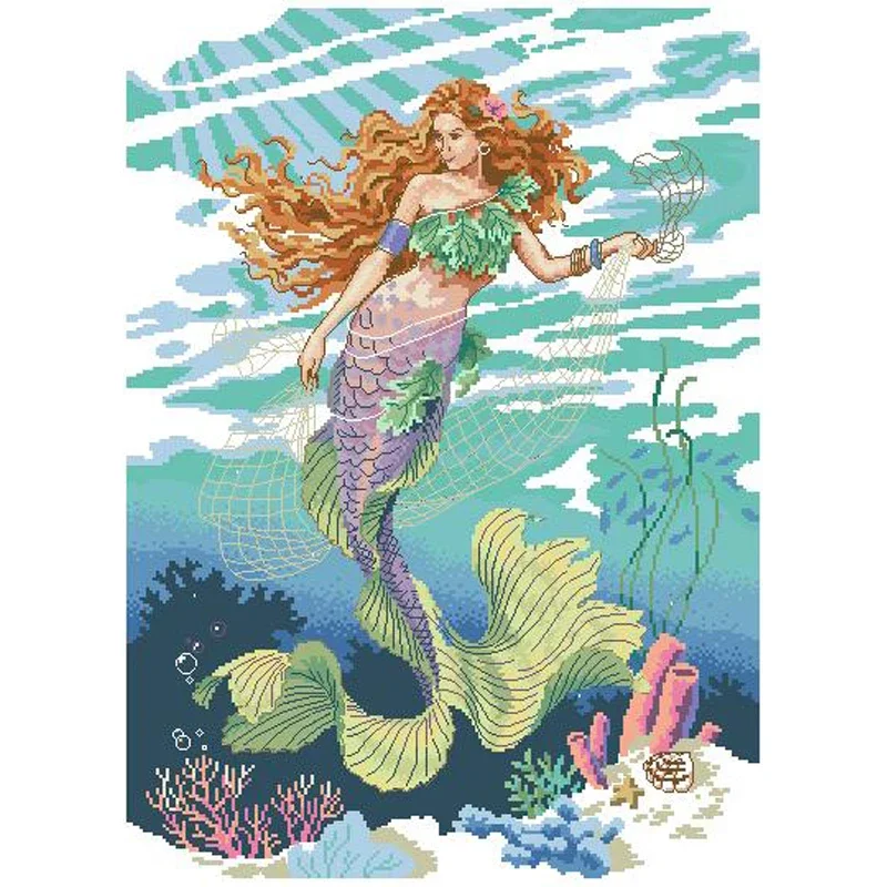 Amishop Gold Collection Lovely Counted Cross Stitch Kit Long Hair Mermaid Under The Sea Beach Fishing Net DIM 72462