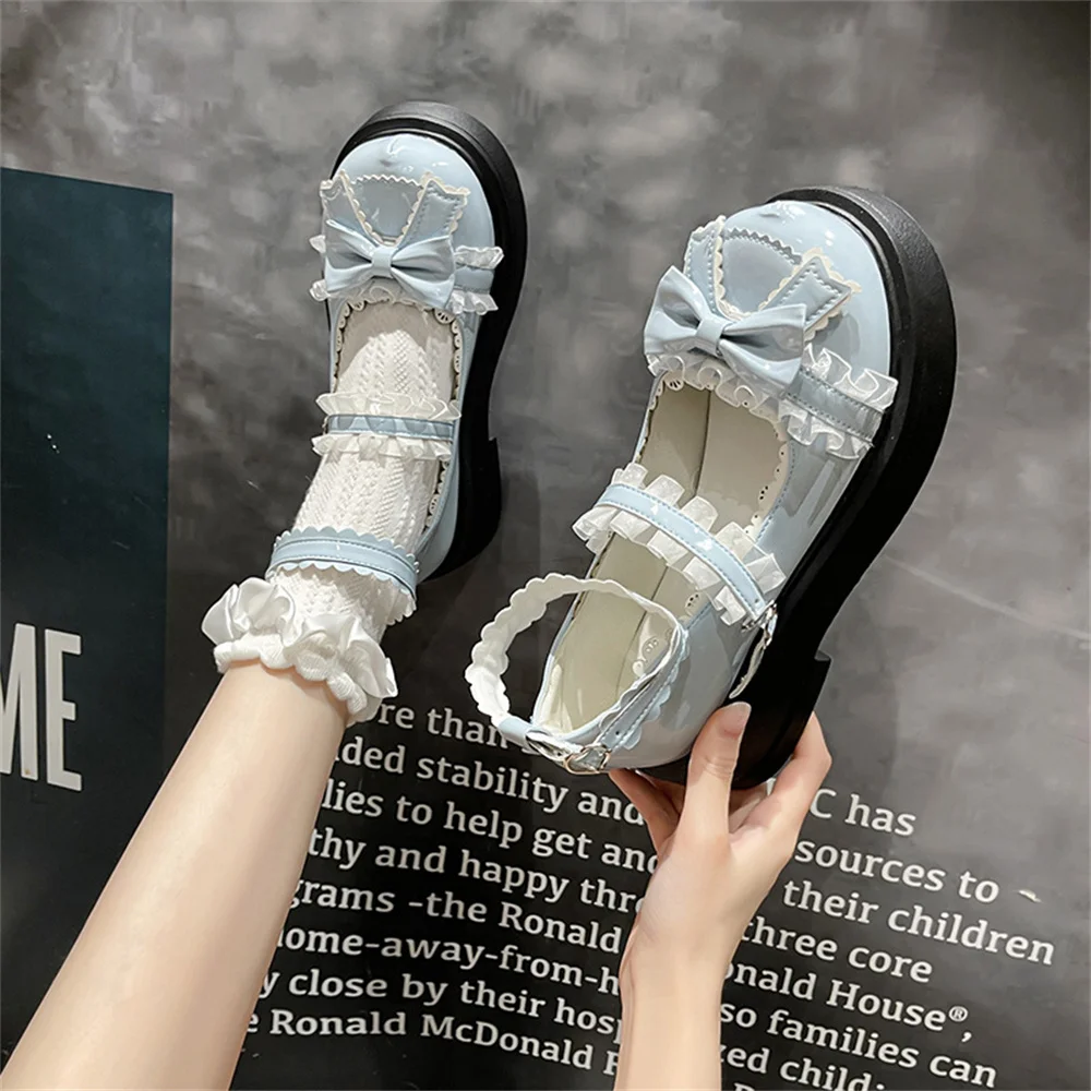 Japanese Lolita Leather Shoes Women\'s 2023 New Cute Bow Student Flat Sole Single Shoe Cos Loli JK Lace PU Sweet Single Shoe