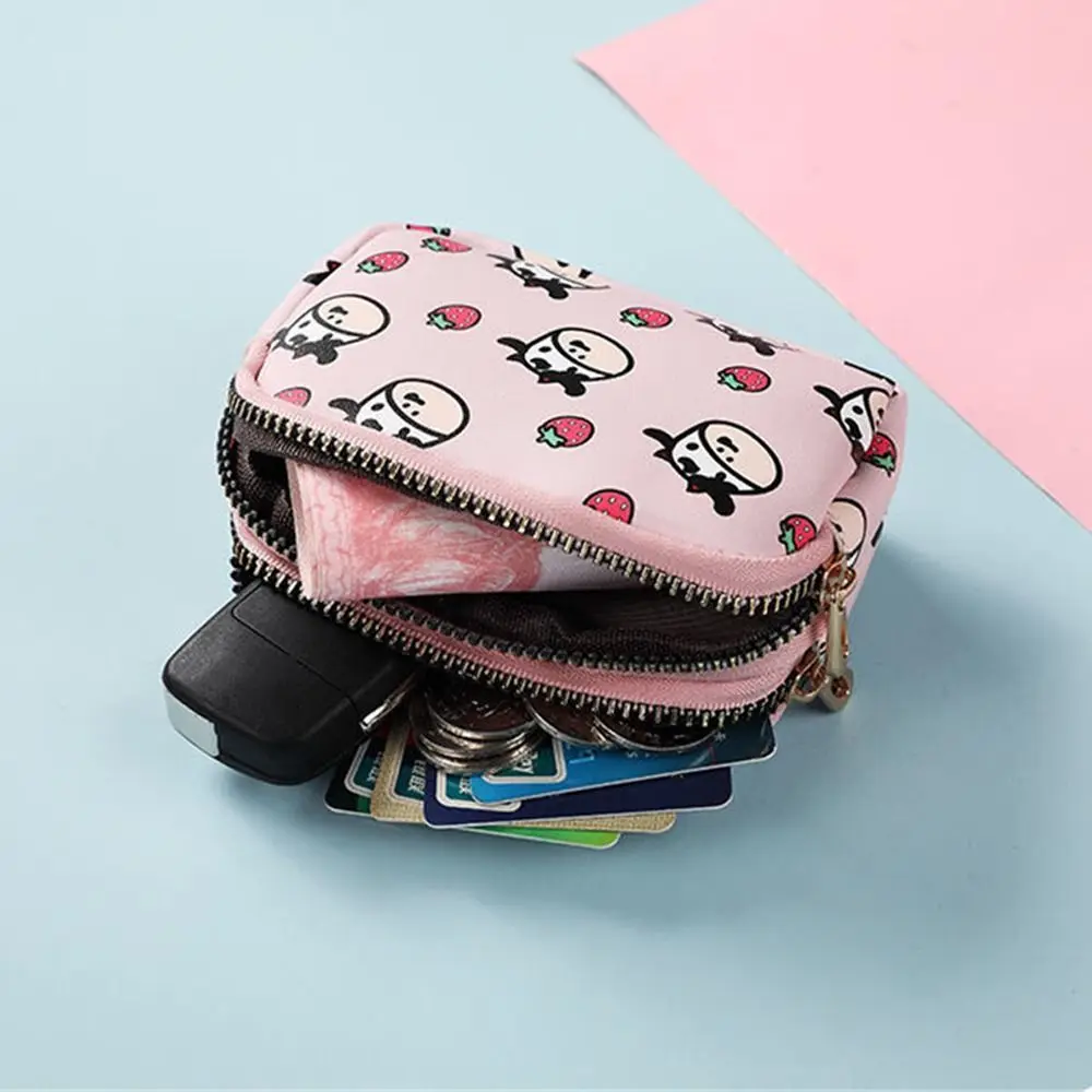 Small Coin Purse Cute Cow Pattern Card Wallet Student Double Pocket Zipper Key Bag Portable Lipstick Bank Card Storage Bag