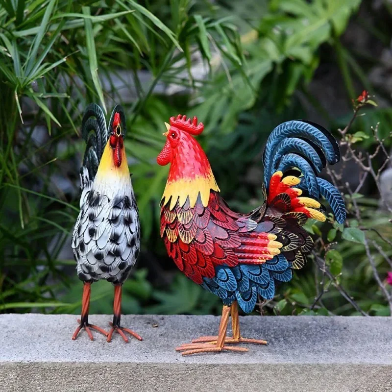 Hand Painted Metal Rooster Statue Iron Chicken Sculpture Outdoor Garden Yard Lawn Patio Home Farmhouse Decor Animal Figurine