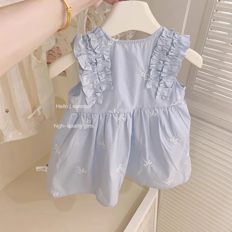 Kids Girls Summer Blue Dress Ruched O-neck Sleeveless A-line Soft Vestidos 2-8Y Children Embroidery Bows Princess Dresses