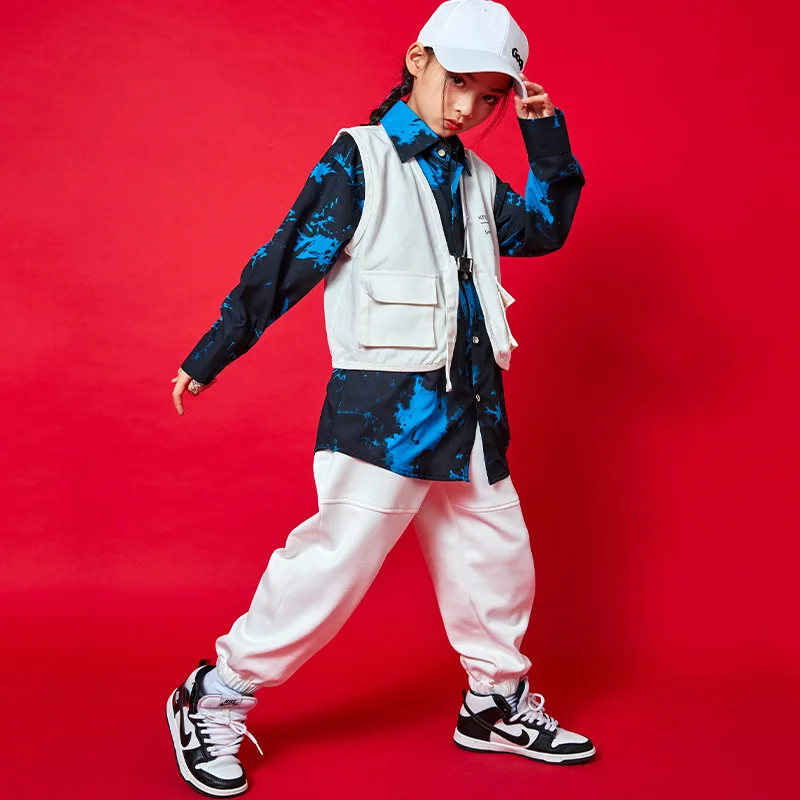 Children's Clothing Boys New Blue Tie-dye Shirt White Waistcoat Elastic Waist Letter Print Trouser 3pcs Jazz Dance Girls Costume