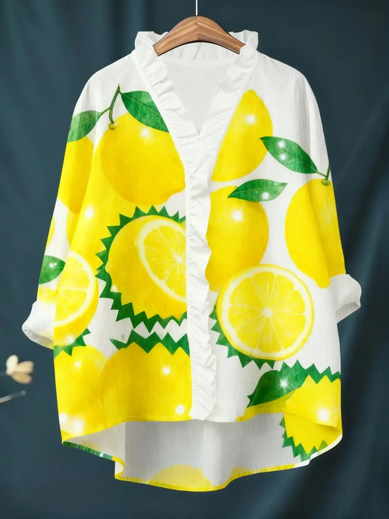 Ladies' printed long sleeved shirt with ruffled neckline, Comfortable and easy to maintain polyester fiber.