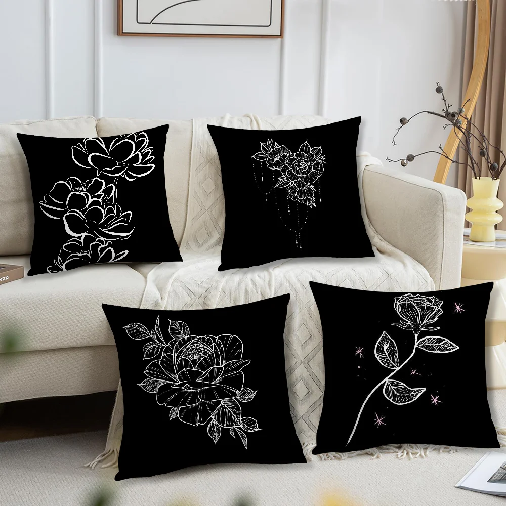 Black Simple Flower Art cushion cover Accessories Square Cushion Room Bedroom Headboard Sofa Living Backrest Car Nap Time