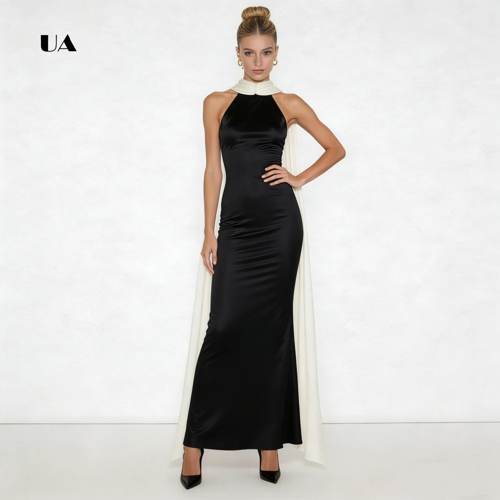 Sukienka balowa ULBYANRY, satynowa, prosta, z dekoltem typu halter, gładka, drapowana, bez rękawów, wieczorowa, dla kobiet, z odkrytymi plecami, szyta na miarę suknia na przyjęcie.