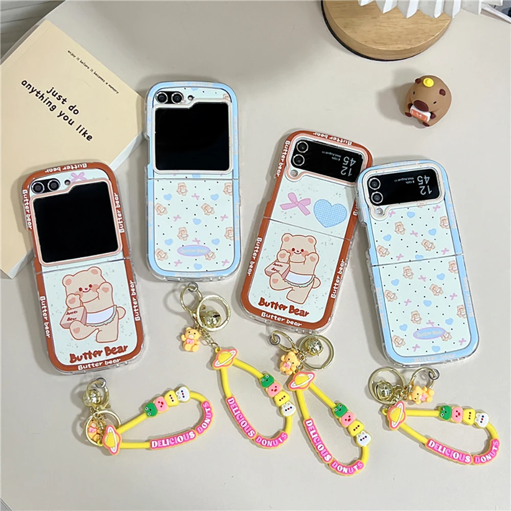 Cartoon Cute Butter Bears with Bracelet Phone Case for Samsung Galaxy Z Flip 3 4 Z Flip 5 6 5G PC Hard Anti-drop Back Cover Gift